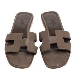 Pre Owned Hermes Brown Leather Oran Slide Flats Size 35.5