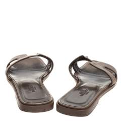 Pre Owned Hermes Brown Leather Oran Slide Flats Size 35.5