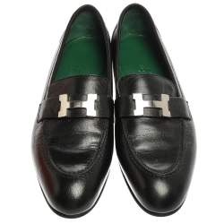 Pre Owned Hermès Black Leather Paris Loafers Size 37.5