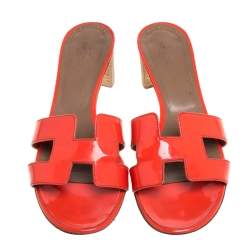 Pre Owned Hermes Orange Patent Leather Oasis Slides Size 37.5