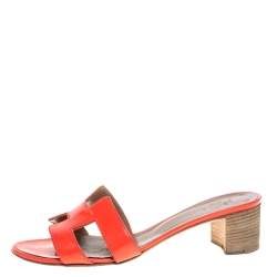 Pre Owned Hermes Orange Patent Leather Oasis Slides Size 37.5