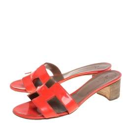 Pre Owned Hermes Orange Patent Leather Oasis Slides Size 37.5