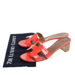 Pre Owned Hermes Orange Patent Leather Oasis Slides Size 37.5