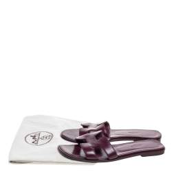 Pre Owned Hermes Burgundy Leather Oran Slide Flats Size 37.5