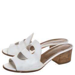 Pre Owned Hermes White Leather Mona Sandals Size 37.5