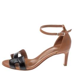 Auth HERMES - Brown Silver Leather Women's Sandals