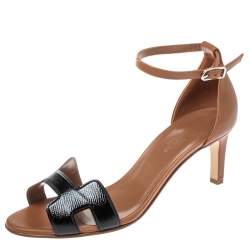 Auth HERMES - Brown Silver Leather Women's Sandals