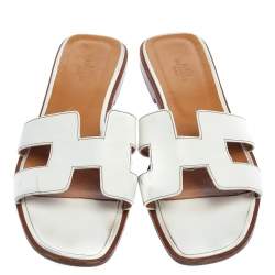 Hermes White Leather Oran Slide Sandals Size 39