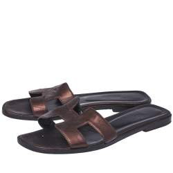 Hermes Metallic Bronze Leather Oran Slide Flats Size 38.5