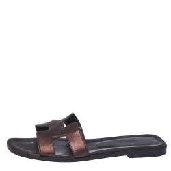Hermes Metallic Bronze Leather Oran Slide Flats Size 38.5