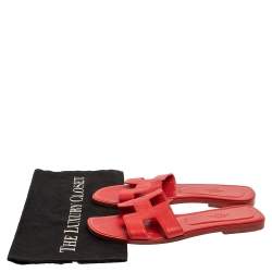 Pre Owned Hermes Red Leather Oran Flat Slides Size 38