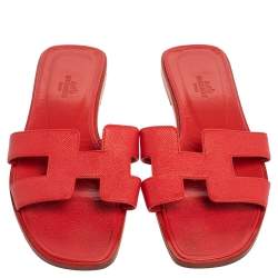 Pre Owned Hermes Red Leather Oran Flat Slides Size 38