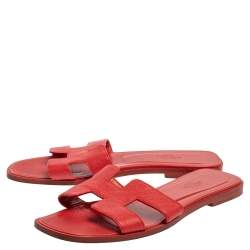 Pre Owned Hermes Red Leather Oran Flat Slides Size 38