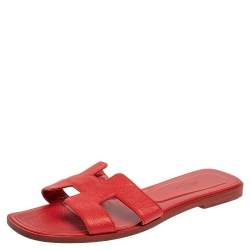 Pre Owned Hermes Red Leather Oran Flat Slides Size 38