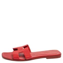 Pre Owned Hermes Red Leather Oran Flat Slides Size 38