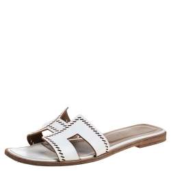Pre Owned Hermes White Leather Oran Flat Slides Size 39