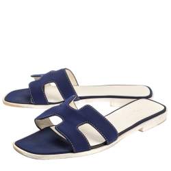 Pre Owned Hermes Blue Fabric Oran Flat Slides Size 39.5