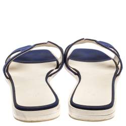 Pre Owned Hermes Blue Fabric Oran Flat Slides Size 39.5