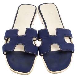 Pre Owned Hermes Blue Fabric Oran Flat Slides Size 39.5