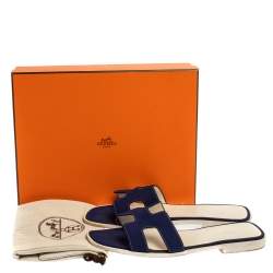 Pre Owned Hermes Blue Fabric Oran Flat Slides Size 39.5