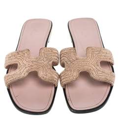 Pre Owned Hermes Beige Fabric Oran Flat Slides Size 39