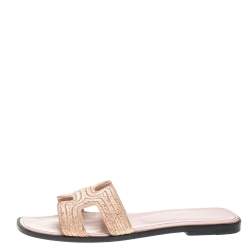 Pre Owned Hermes Beige Fabric Oran Flat Slides Size 39