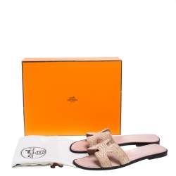 Pre Owned Hermes Beige Fabric Oran Flat Slides Size 39