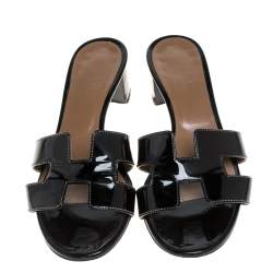 Hermes Black Patent Leather Oasis Slide Sandals Size 36