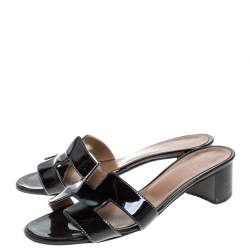Hermes Black Patent Leather Oasis Slide Sandals Size 36