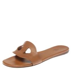 Hermes Brown Leather Lisboa Flat Slides Size 37