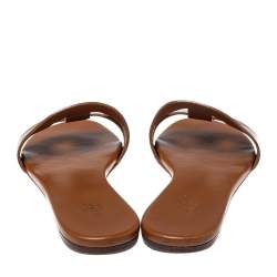 Hermes Brown Leather Lisboa Flat Slides Size 37