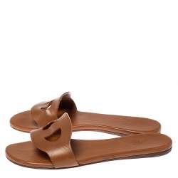 Hermes Brown Leather Lisboa Flat Slides Size 37