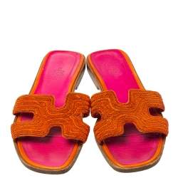 Pre Owned Hermes Orange Twisted Metal Thread Oran Sandals Size 37