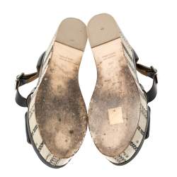 Pre Owned Hermes Black Leather Chain Print Wedge Sandals Size 37.5