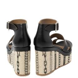 Pre Owned Hermes Black Leather Chain Print Wedge Sandals Size 37.5