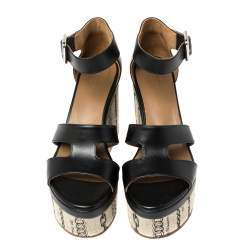 Pre Owned Hermes Black Leather Chain Print Wedge Sandals Size 37.5