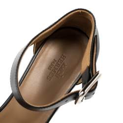 Pre Owned Hermes Black Leather Chain Print Wedge Sandals Size 37.5