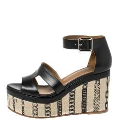 Pre Owned Hermes Black Leather Chain Print Wedge Sandals Size 37.5