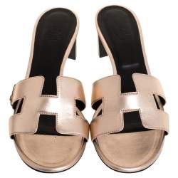 Pre Owned Hermes Rose Gold Leather Oasis Sandals Size 40.5