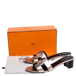 Pre Owned Hermes Rose Gold Leather Oasis Sandals Size 40.5