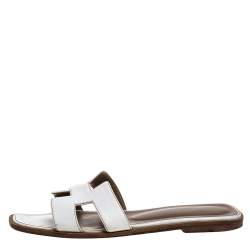 Pre Owned Hermes White Leather Oran Sandals Size 37.5