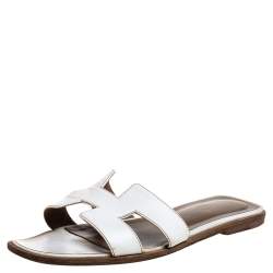 Pre Owned Hermes White Leather Oran Sandals Size 37.5