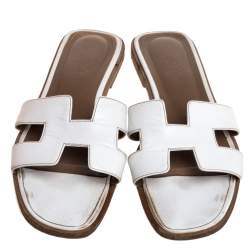 Pre Owned Hermes White Leather Oran Sandals Size 37.5