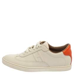 Pre Owned Hermes White Leather Lace Up Low Top Sneakers Size 37