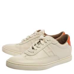Pre Owned Hermes White Leather Lace Up Low Top Sneakers Size 37