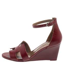 Pre Owned Hermes Burgundy Leather Legend Ankle Strap Wedge Sandals Size 36.5