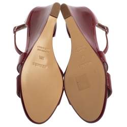 Pre Owned Hermes Burgundy Leather Legend Ankle Strap Wedge Sandals Size 36.5