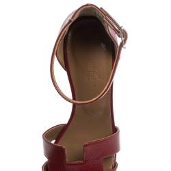 Pre Owned Hermes Burgundy Leather Legend Ankle Strap Wedge Sandals Size 36.5