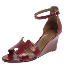 Pre Owned Hermes Burgundy Leather Legend Ankle Strap Wedge Sandals Size 36.5