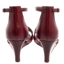 Pre Owned Hermes Burgundy Leather Legend Ankle Strap Wedge Sandals Size 36.5